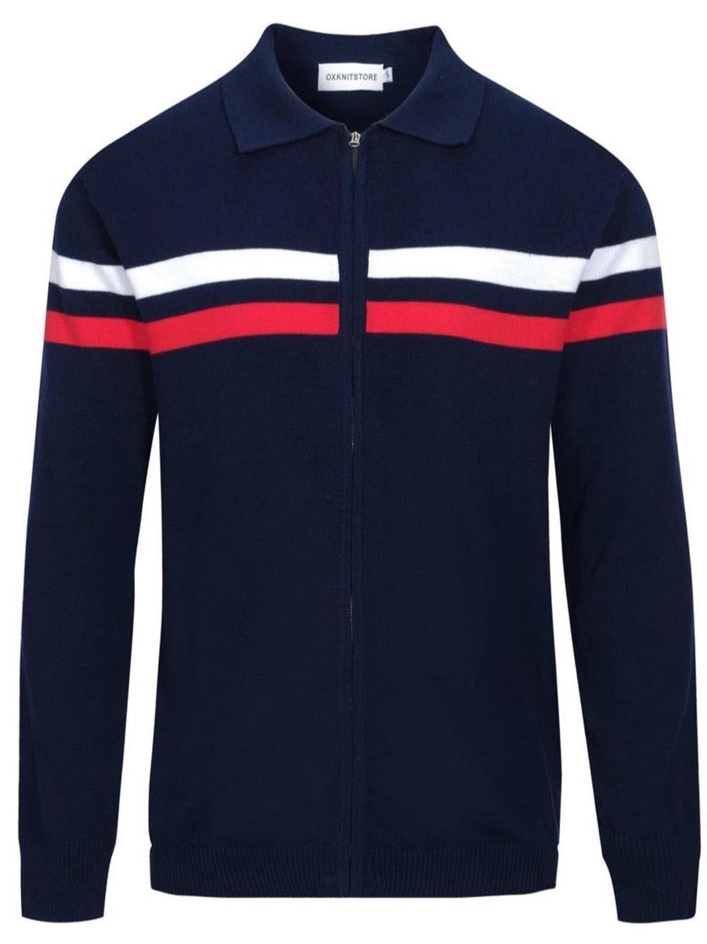 OXKNIT XL Retro Preppy 1970s ZIP-UP KNIT JACKET VINTAGE NAVY RED WHITE STRIPE